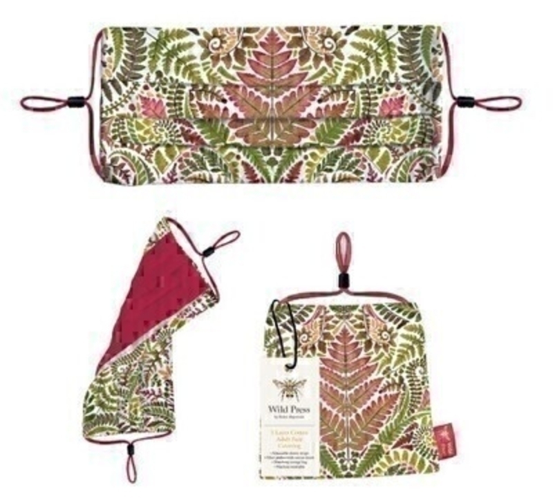 Pink and Green Wild Press Cotton Face Mask. This non medical 3 layer cotton face covering has elastic straps with adjustment clips and has a filter pocket with removable cotton insert. The face covering is made out of 100% cotton pleated and cut for a better fit and digitally printed with a full-colour design on the front and contrast colour on reverse. The coverings have a pocket for filters and comes with a matching cotton bag for hygienic storage. Matching storage bag with popper closure to keep your mask safe and clean. Machine washable at 60C. Size in bag (mask folded in half) : 130 x 130 mm